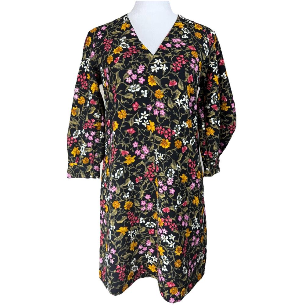 Zara Basic Collection Sheath Dress XS Black Floral 3/4 Sleeves Pockets Classic